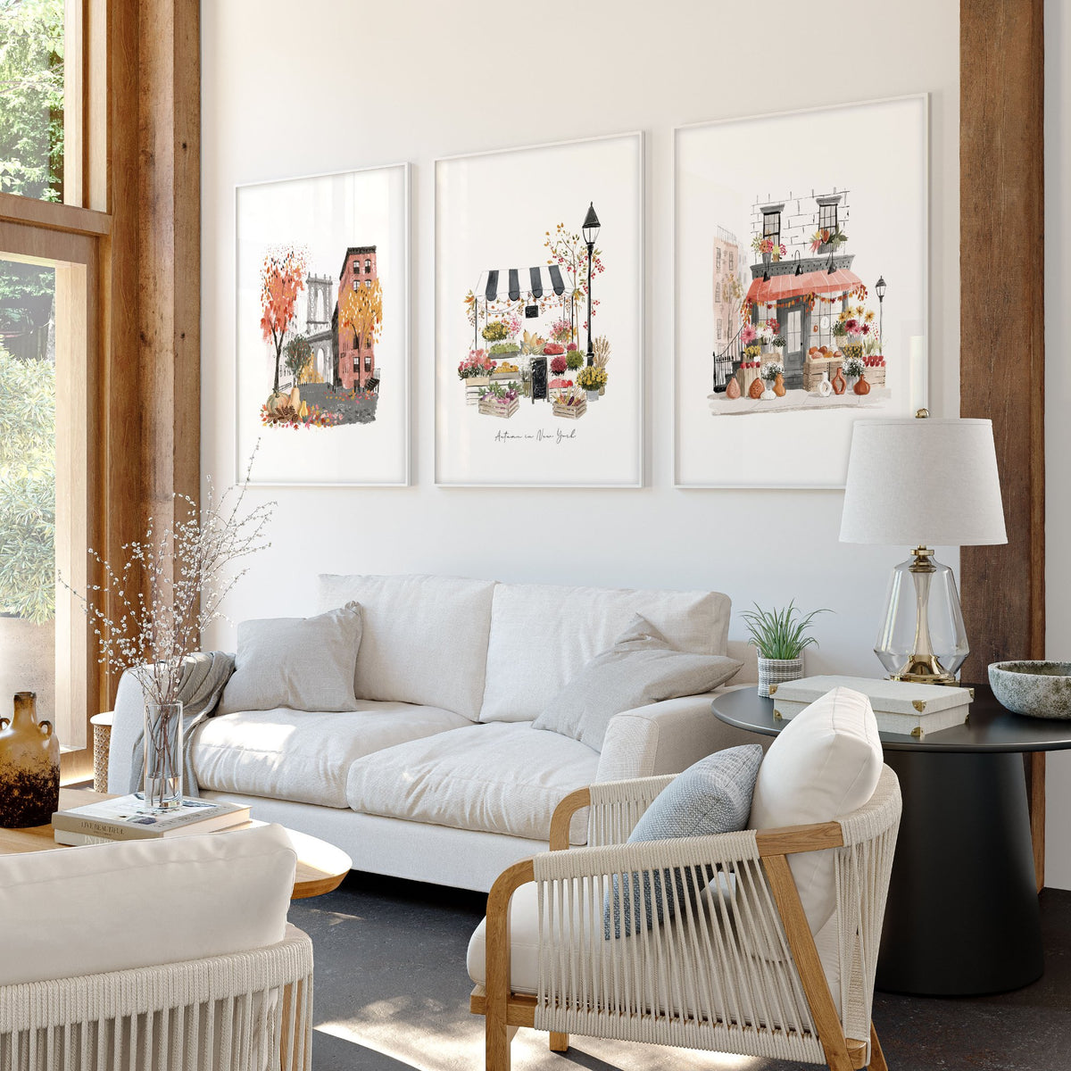 Living Room Wall Art "Autumn in New York" NYC Travel Watercolour wall art displayed on a wall in a styled room — view 11
