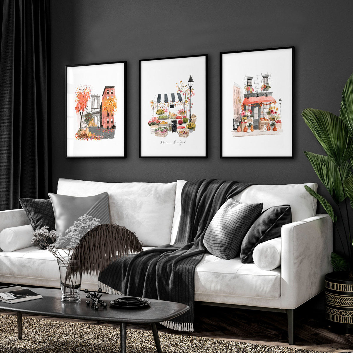 Living Room Wall Art "Autumn in New York" NYC Travel Watercolour wall art displayed on a wall in a styled room — view 13