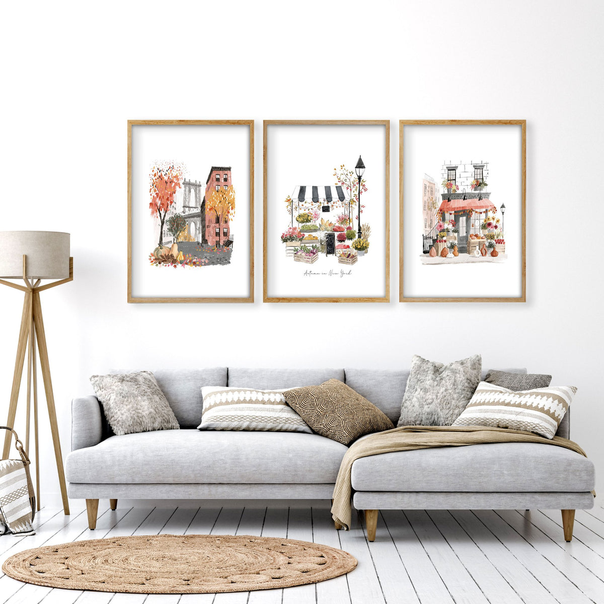 Living Room Wall Art "Autumn in New York" NYC Travel Watercolour wall art displayed on a wall in a styled room — view 14