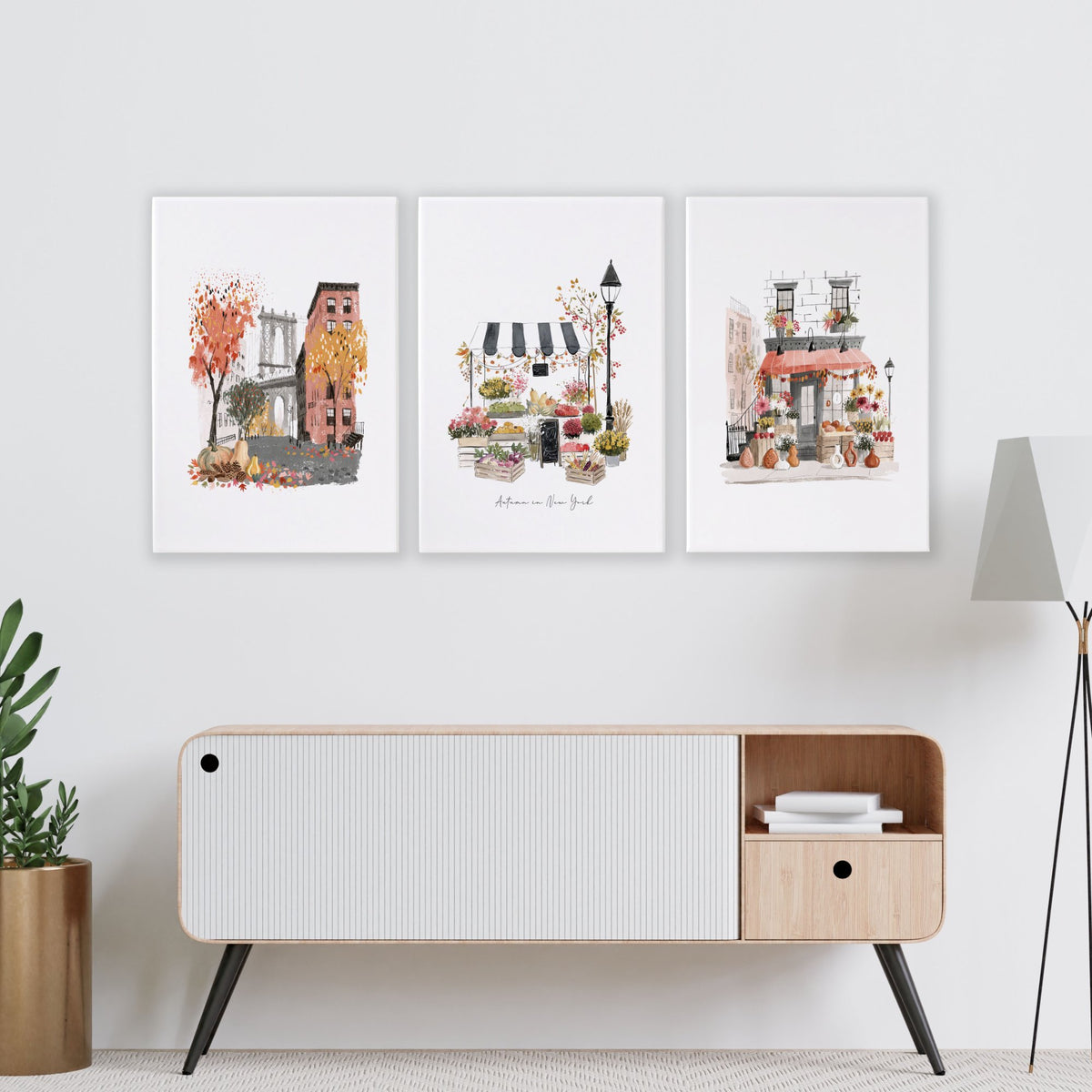 Living Room Wall Art "Autumn in New York" NYC Travel Watercolour wall art displayed on a wall in a styled room — view 3