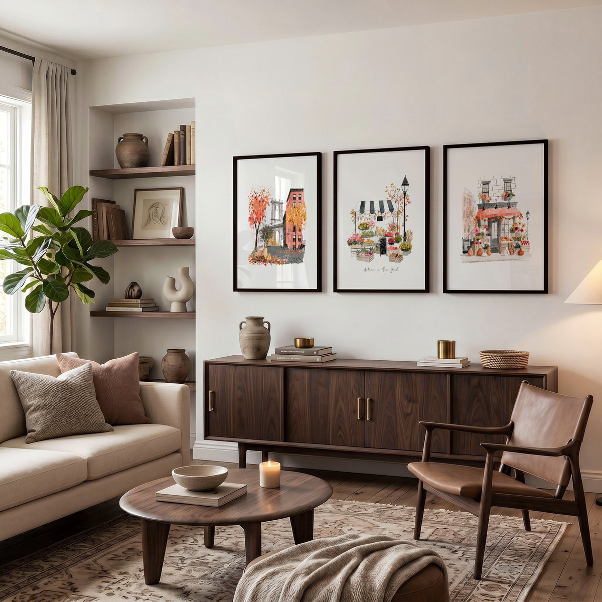 Living Room Wall Art "Autumn in New York" NYC Travel Watercolour wall art displayed on a wall in a styled room — view 6