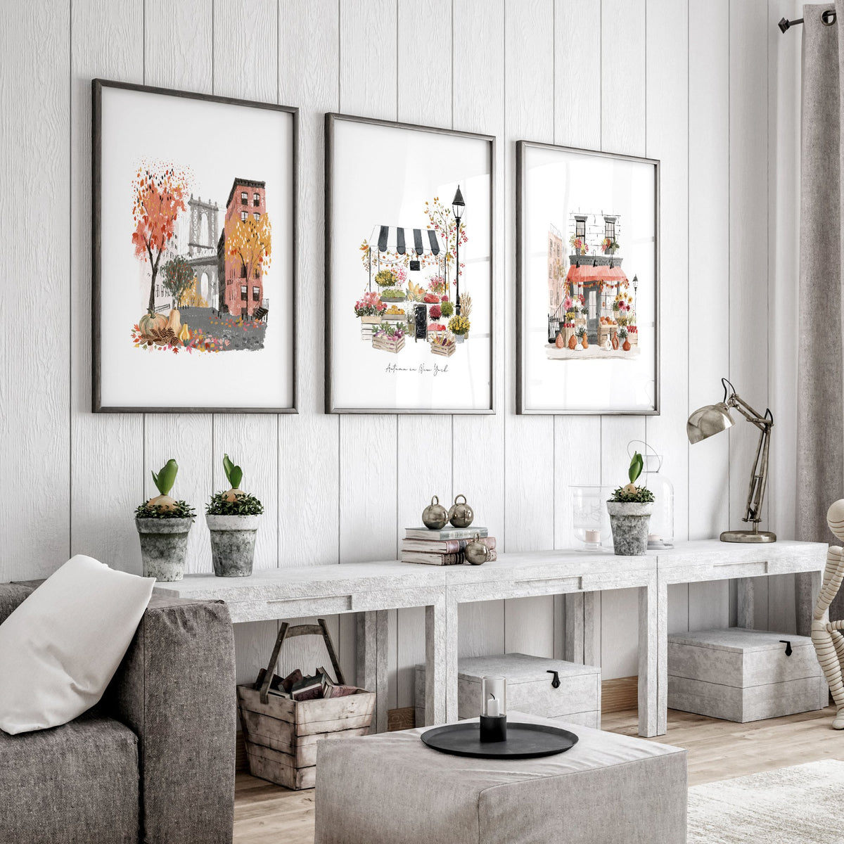 Living Room Wall Art "Autumn in New York" NYC Travel Watercolour wall art displayed on a wall in a styled room — view 8