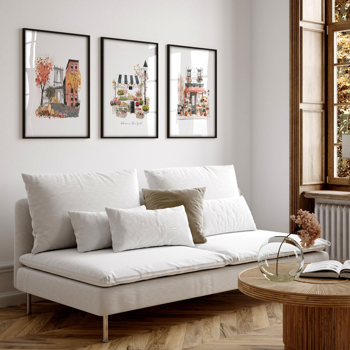 Living Room Wall Art "Autumn in New York" NYC Travel Watercolour wall art displayed on a wall in a styled room — view 9