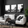 Living Room Wall Art Paint | Japanese Ink Landscape Red Sun Black White displayed on a wall in a styled room