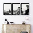 Living Room Wall Art Paint | Japanese Ink Landscape Red Sun Black White displayed on a wall in a styled room — view 10