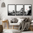Living Room Wall Art Paint | Japanese Ink Landscape Red Sun Black White displayed on a wall in a styled room — view 11