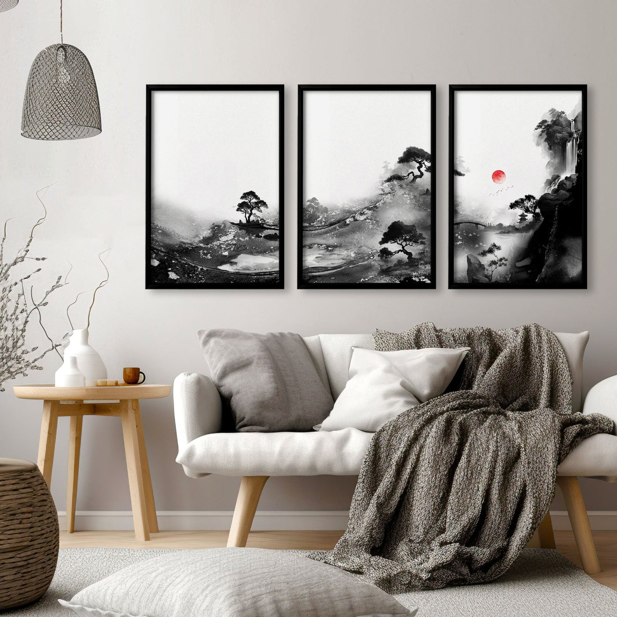 Living Room Wall Art Paint | Japanese Ink Landscape Red Sun Black White displayed on a wall in a styled room — view 11