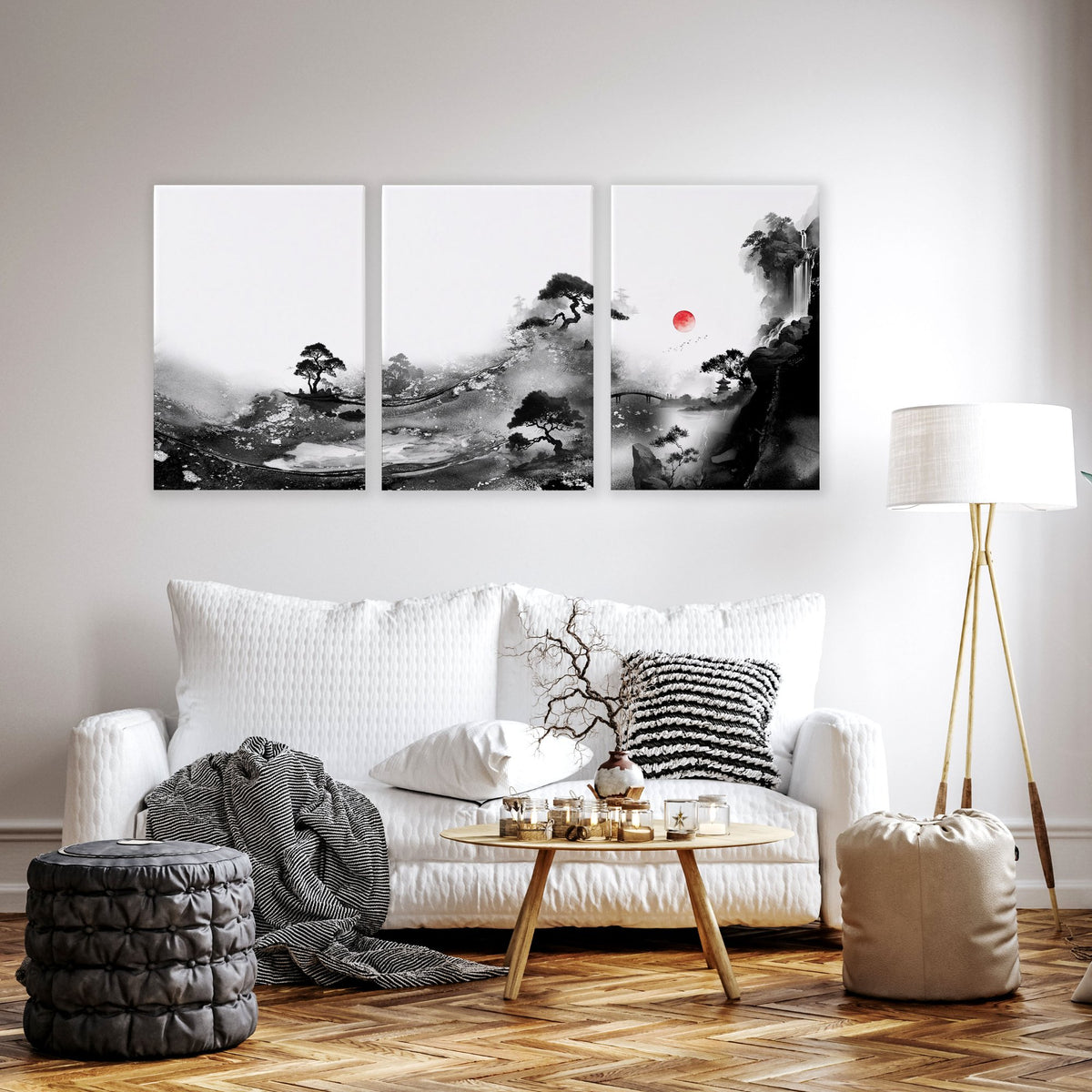 Living Room Wall Art Paint | Japanese Ink Landscape Red Sun Black White displayed on a wall in a styled room — view 12