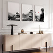 Living Room Wall Art Paint | Japanese Ink Landscape Red Sun Black White displayed on a wall in a styled room — view 13