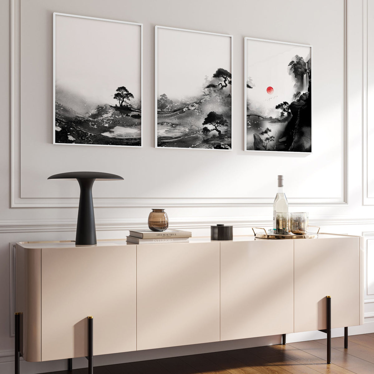 Living Room Wall Art Paint | Japanese Ink Landscape Red Sun Black White displayed on a wall in a styled room — view 13