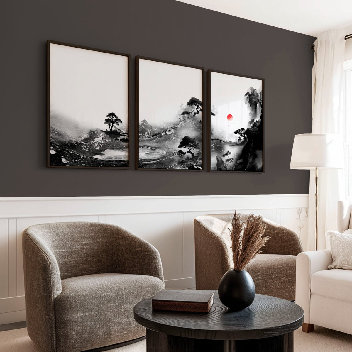 Living Room Wall Art Paint | Japanese Ink Landscape Red Sun Black White displayed on a wall in a styled room — view 2