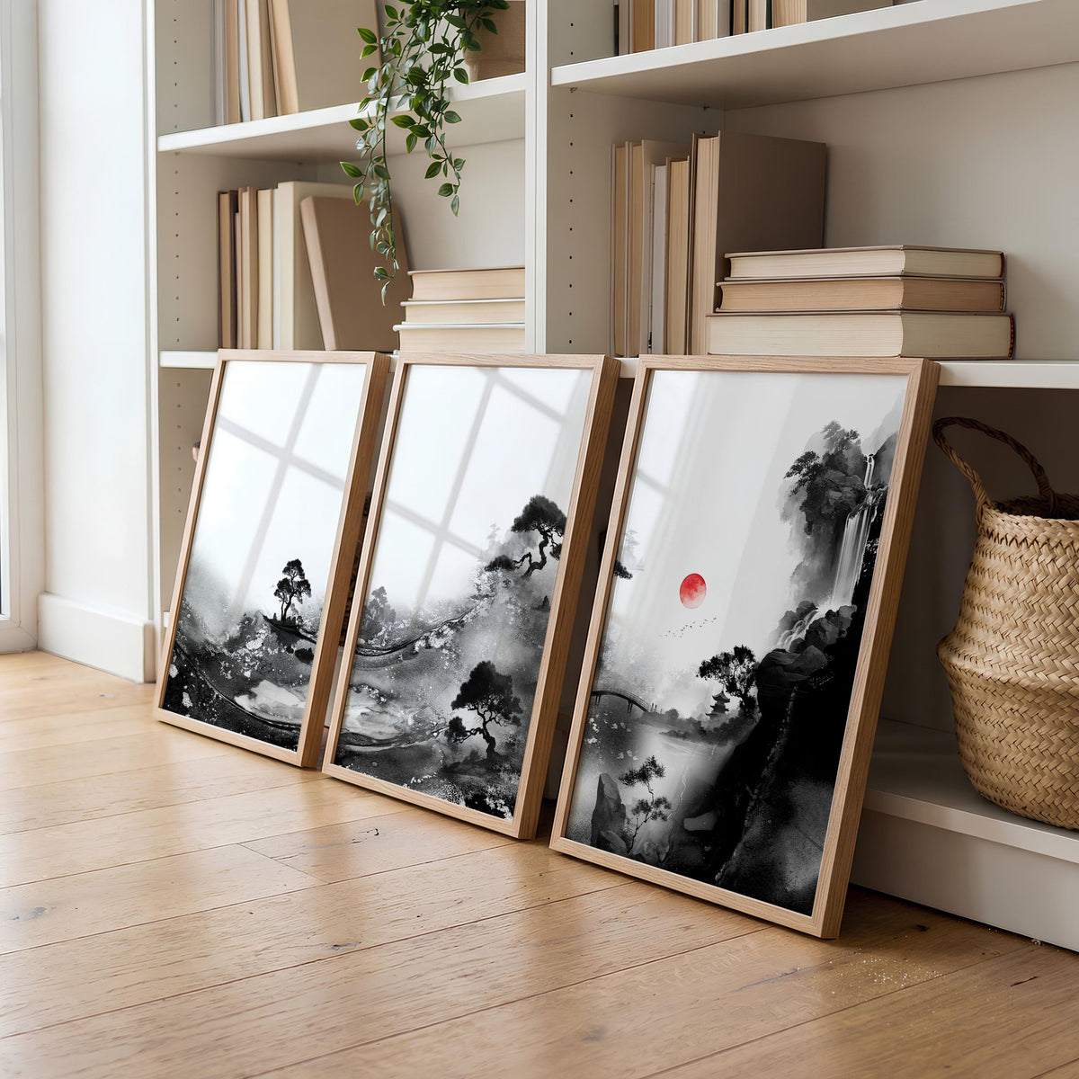 Living Room Wall Art Paint | Japanese Ink Landscape Red Sun Black White displayed on a wall in a styled room — view 3