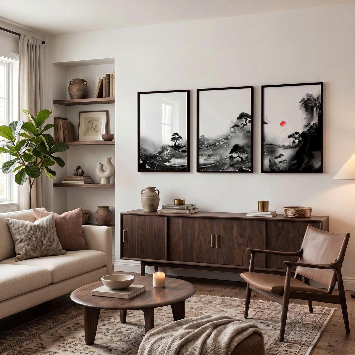 Living Room Wall Art Paint | Japanese Ink Landscape Red Sun Black White displayed on a wall in a styled room — view 4