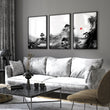 Living Room Wall Art Paint | Japanese Ink Landscape Red Sun Black White displayed on a wall in a styled room — view 5