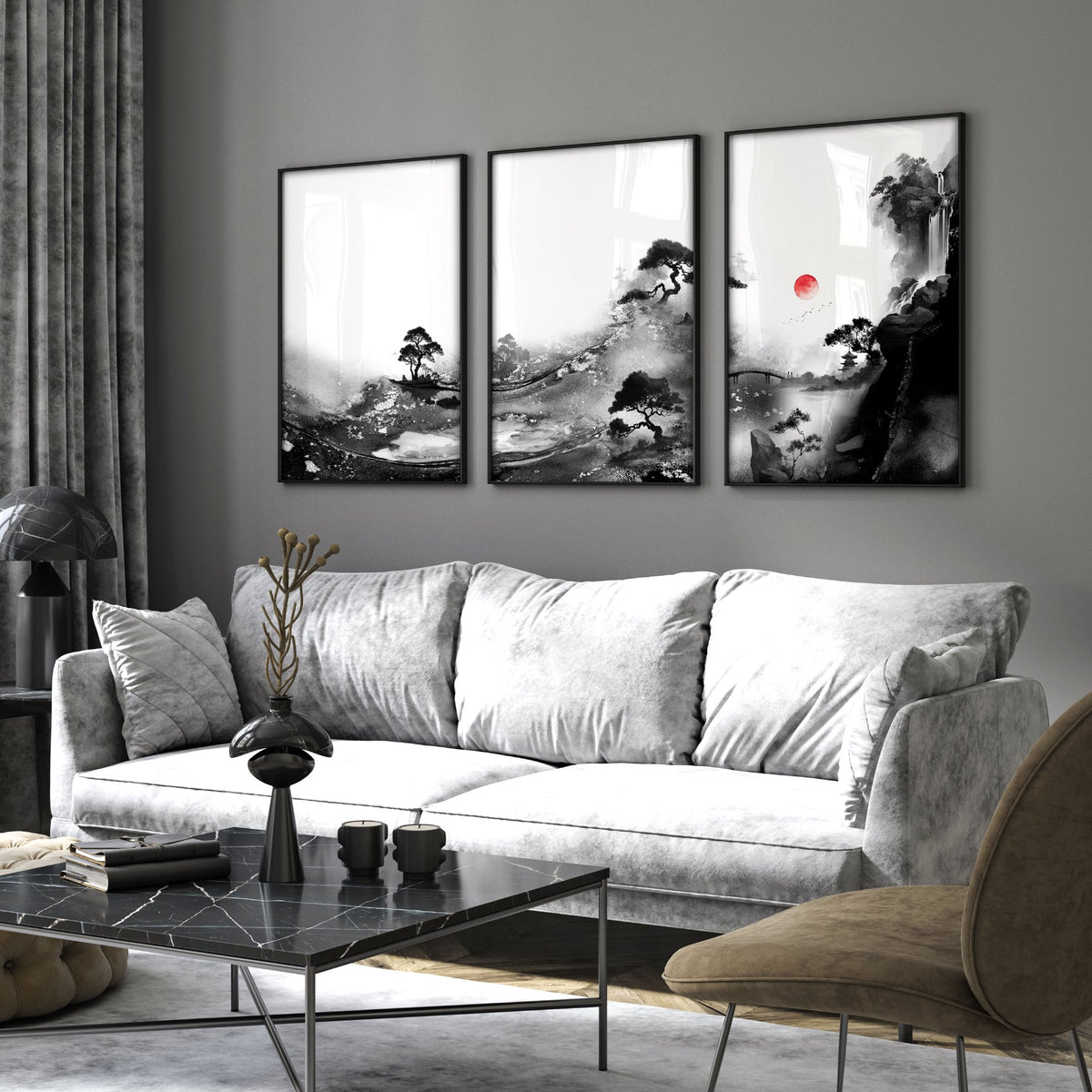 Living Room Wall Art Paint | Japanese Ink Landscape Red Sun Black White displayed on a wall in a styled room — view 5