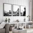 Living Room Wall Art Paint | Japanese Ink Landscape Red Sun Black White displayed on a wall in a styled room — view 6