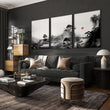 Living Room Wall Art Paint | Japanese Ink Landscape Red Sun Black White displayed on a wall in a styled room — view 8