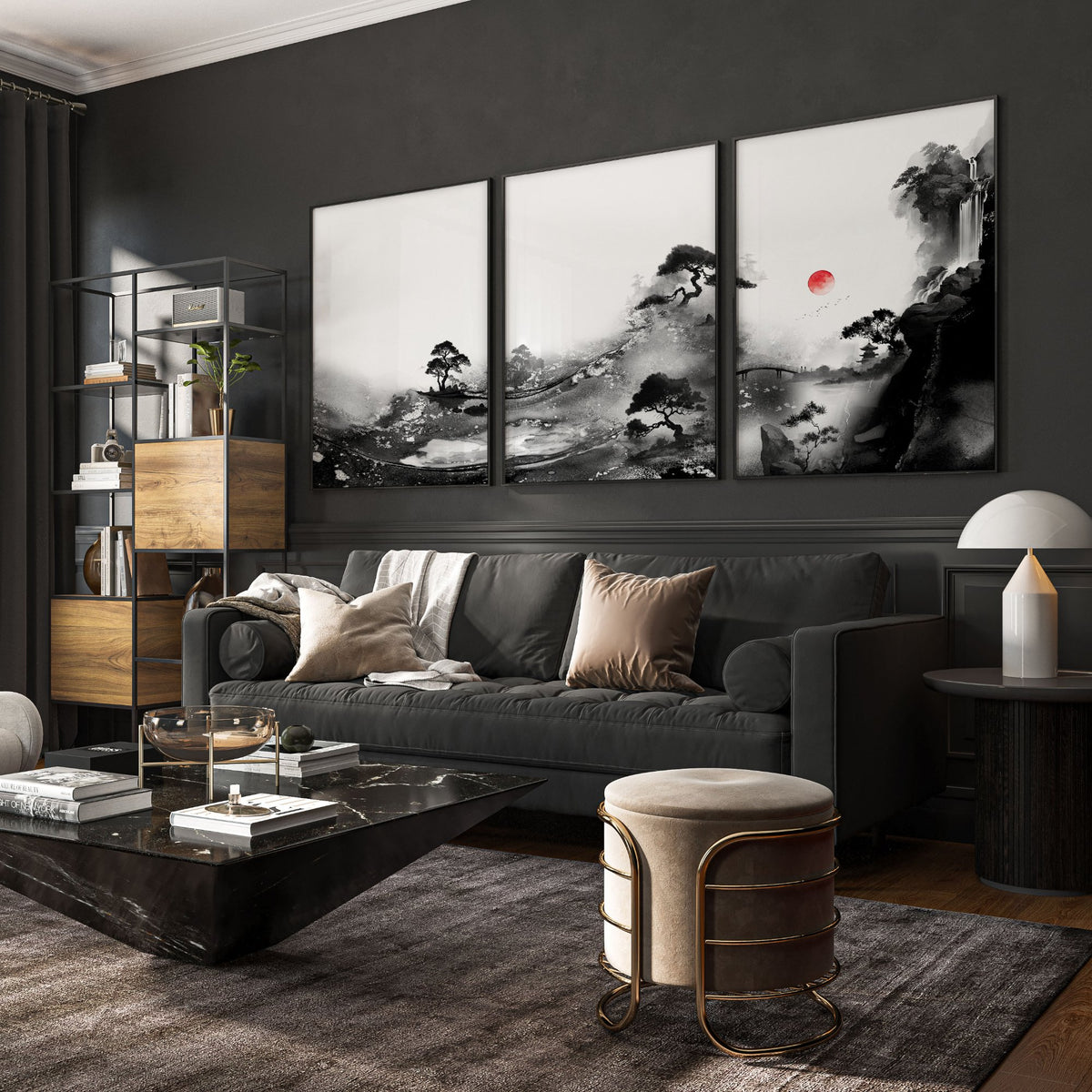Living Room Wall Art Paint | Japanese Ink Landscape Red Sun Black White displayed on a wall in a styled room — view 8