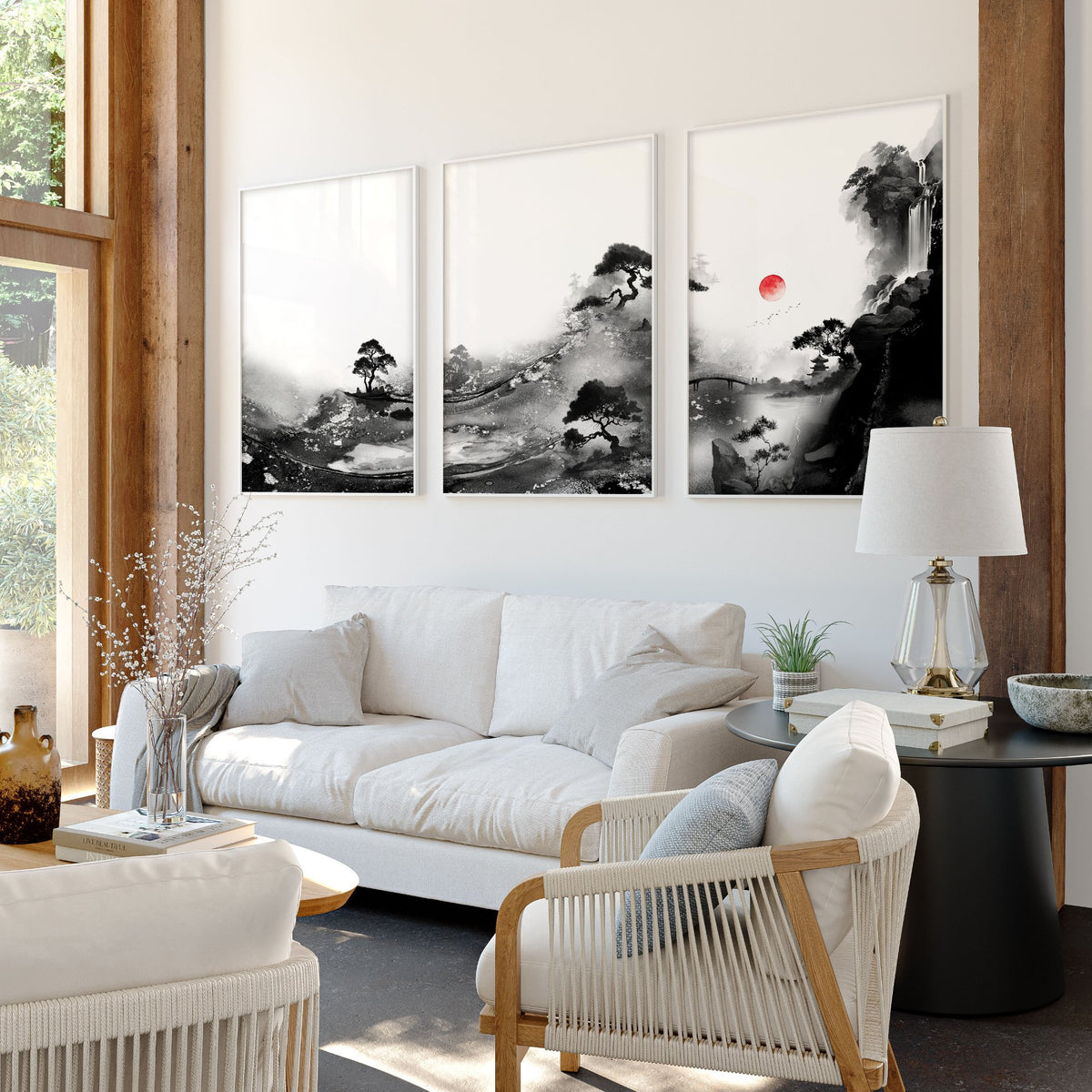 Living Room Wall Art Paint | Japanese Ink Landscape Red Sun Black White displayed on a wall in a styled room — view 9