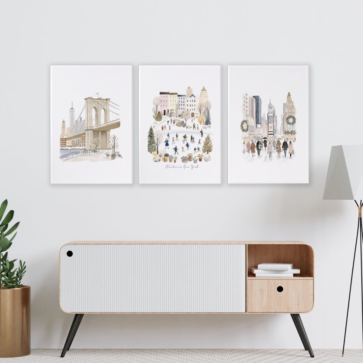 Living Room Wall Art Pictures "Winter in New York" Beige NYC Watercolour Travel displayed on a wall in a styled room — view 11