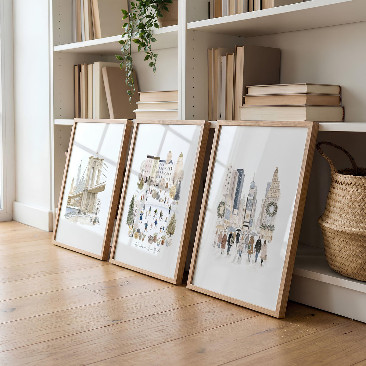 Living Room Wall Art Pictures "Winter in New York" Beige NYC Watercolour Travel displayed on a wall in a styled room — view 2