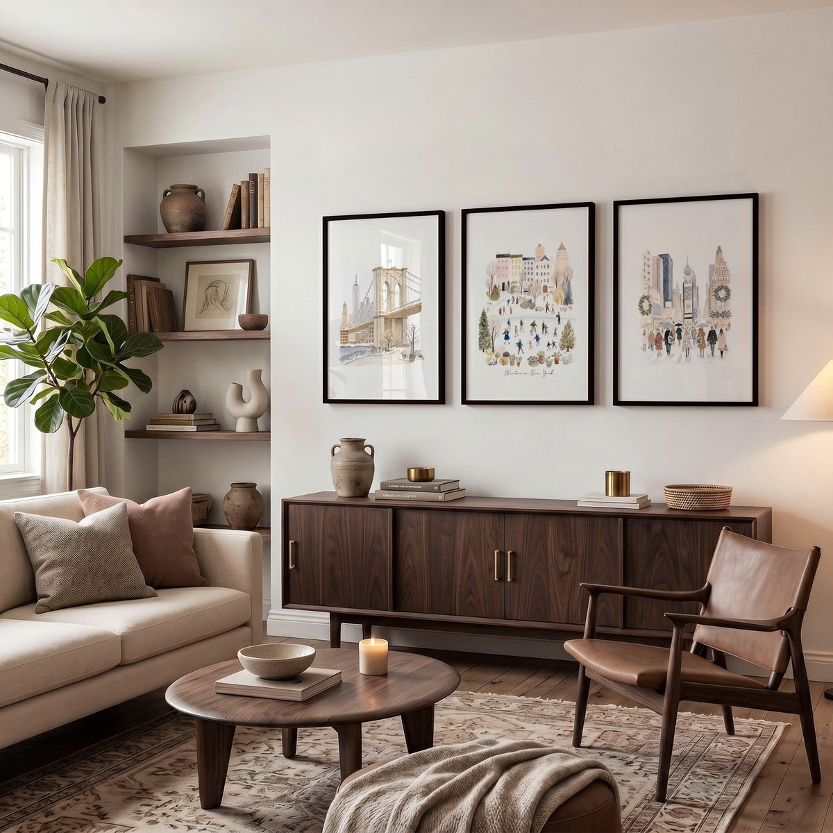 Living Room Wall Art Pictures "Winter in New York" Beige NYC Watercolour Travel displayed on a wall in a styled room — view 3