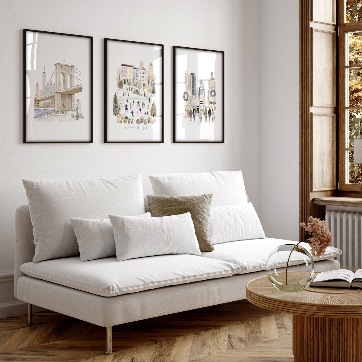 Living Room Wall Art Pictures "Winter in New York" Beige NYC Watercolour Travel displayed on a wall in a styled room — view 5