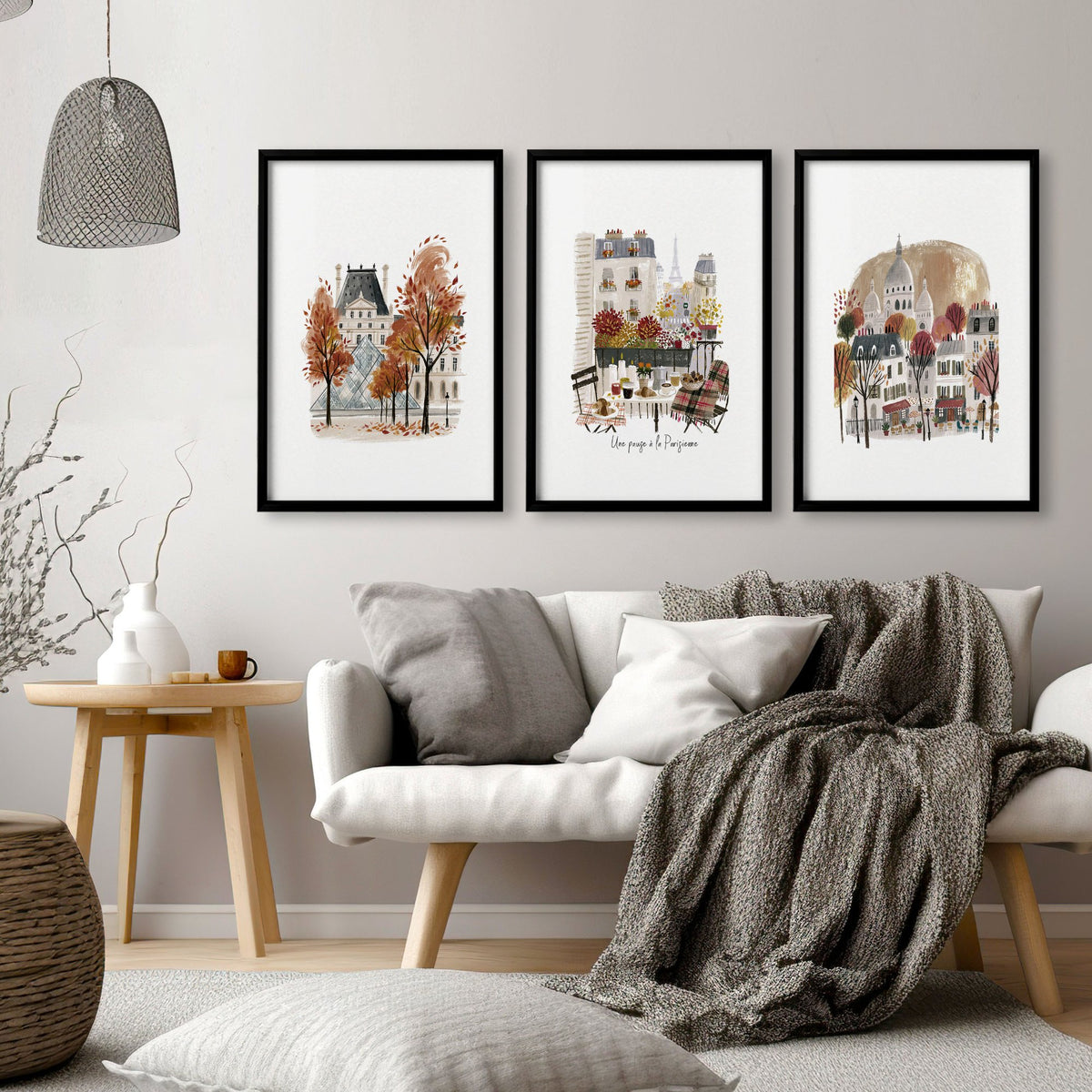 Paris Travel Living Room wall art | Autumn Louvre, Eiffel Tower & Montmartre displayed on a wall in a styled room — view 10