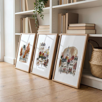 Paris Travel Living Room wall art | Autumn Louvre, Eiffel Tower & Montmartre displayed on a wall in a styled room — view 2