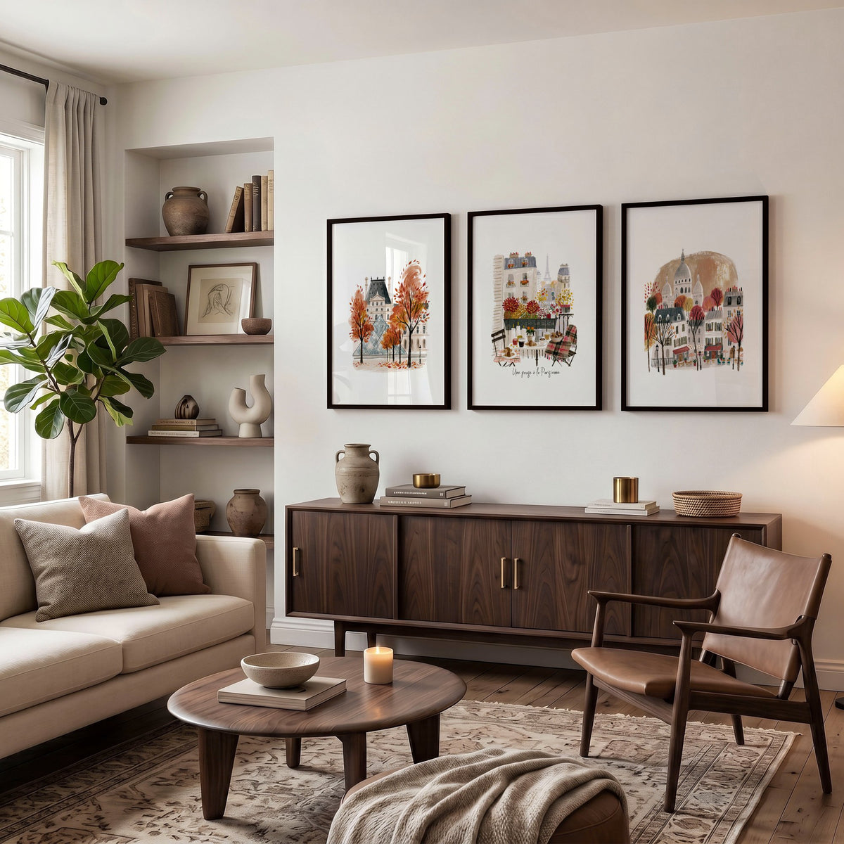 Paris Travel Living Room wall art | Autumn Louvre, Eiffel Tower & Montmartre displayed on a wall in a styled room — view 3