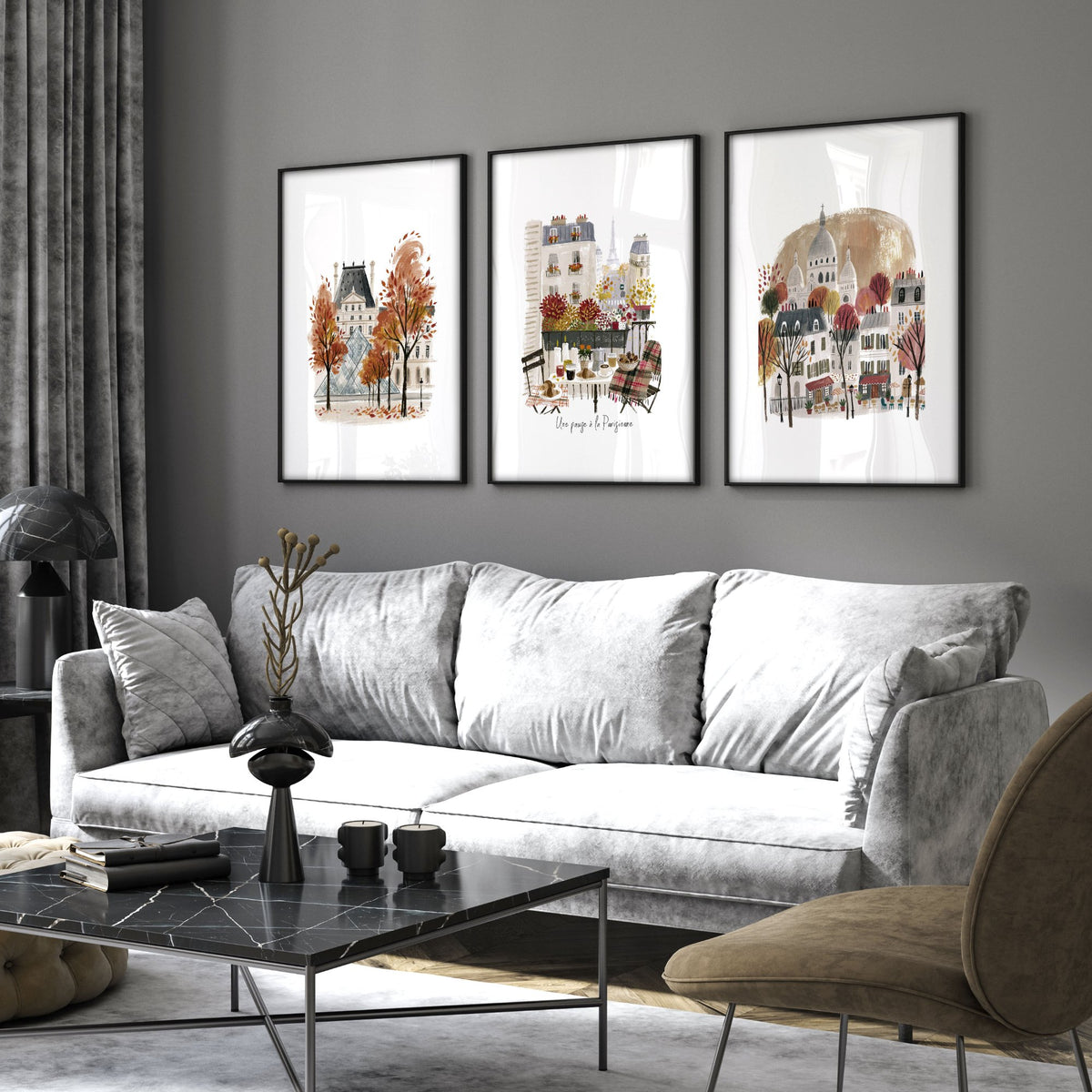 Paris Travel Living Room wall art | Autumn Louvre, Eiffel Tower & Montmartre displayed on a wall in a styled room — view 4