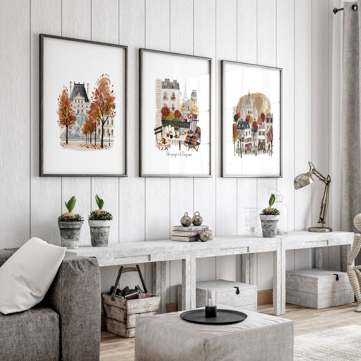 Paris Travel Living Room wall art | Autumn Louvre, Eiffel Tower & Montmartre displayed on a wall in a styled room — view 5