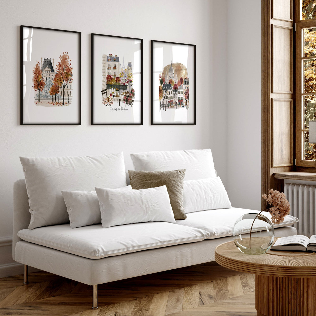 Paris Travel Living Room wall art | Autumn Louvre, Eiffel Tower & Montmartre displayed on a wall in a styled room — view 6