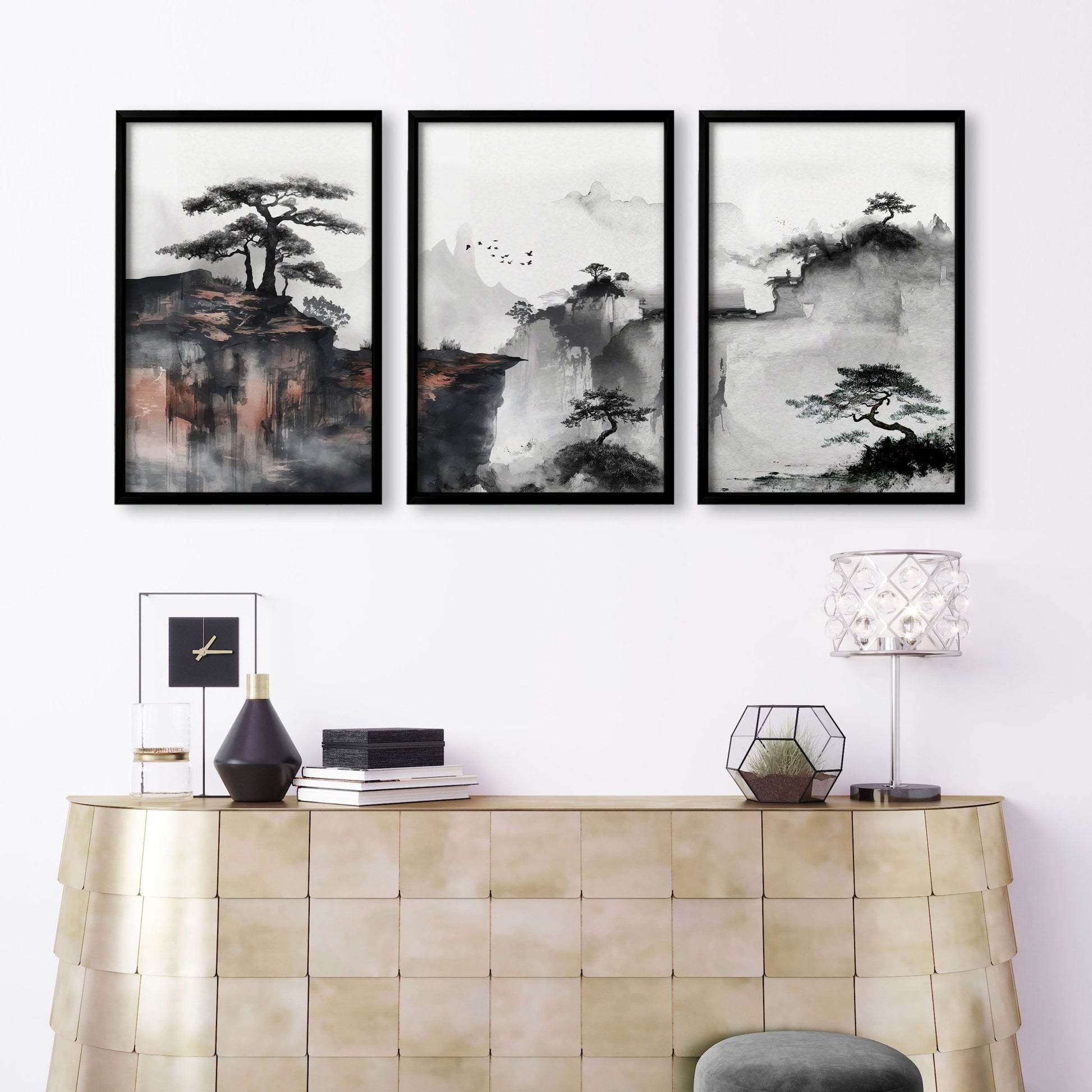 Living Room Wall Decoration | Set of 3 Asian Inspired Wall art Prints