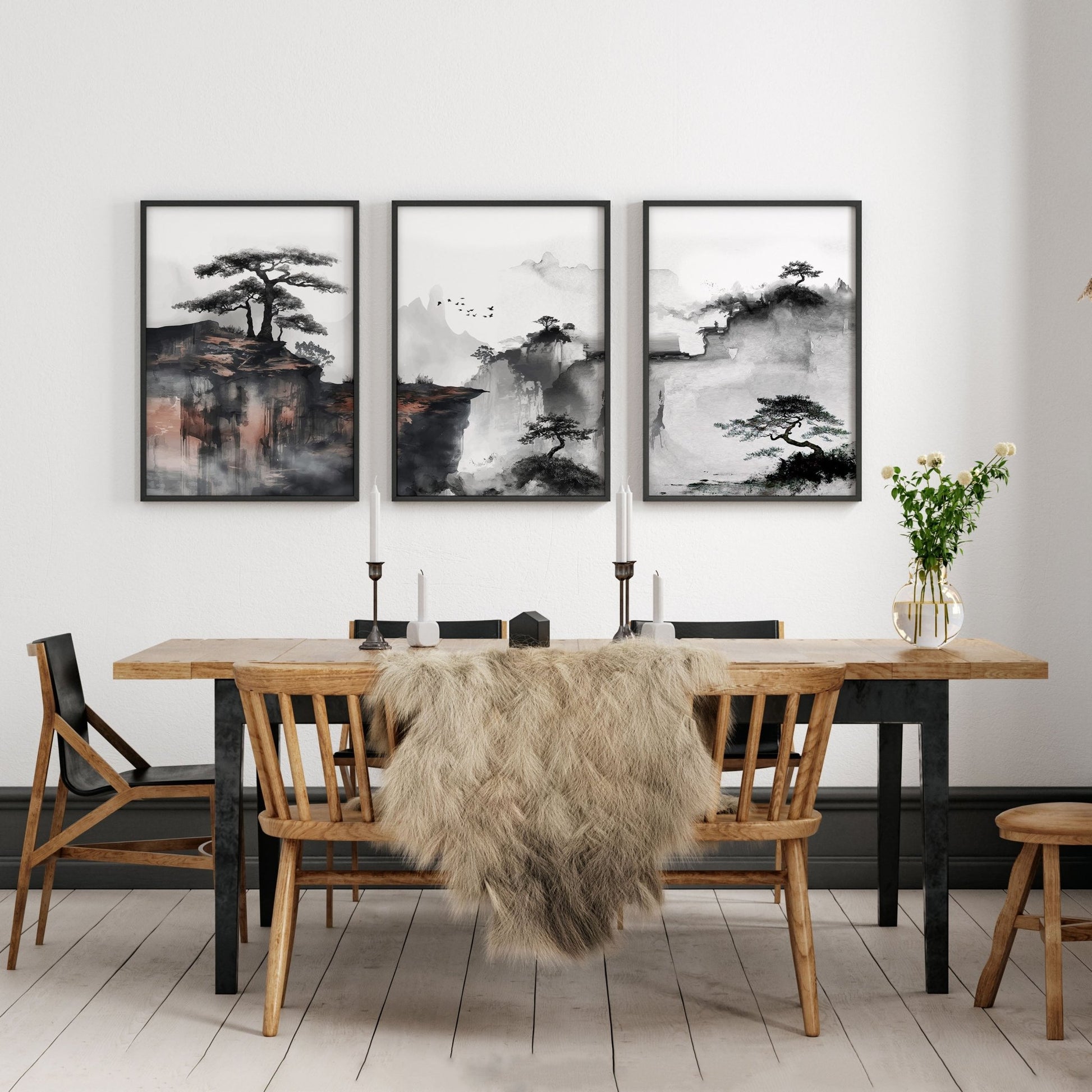 Living Room Wall Decoration | Set of 3 Asian Inspired Wall art Prints
