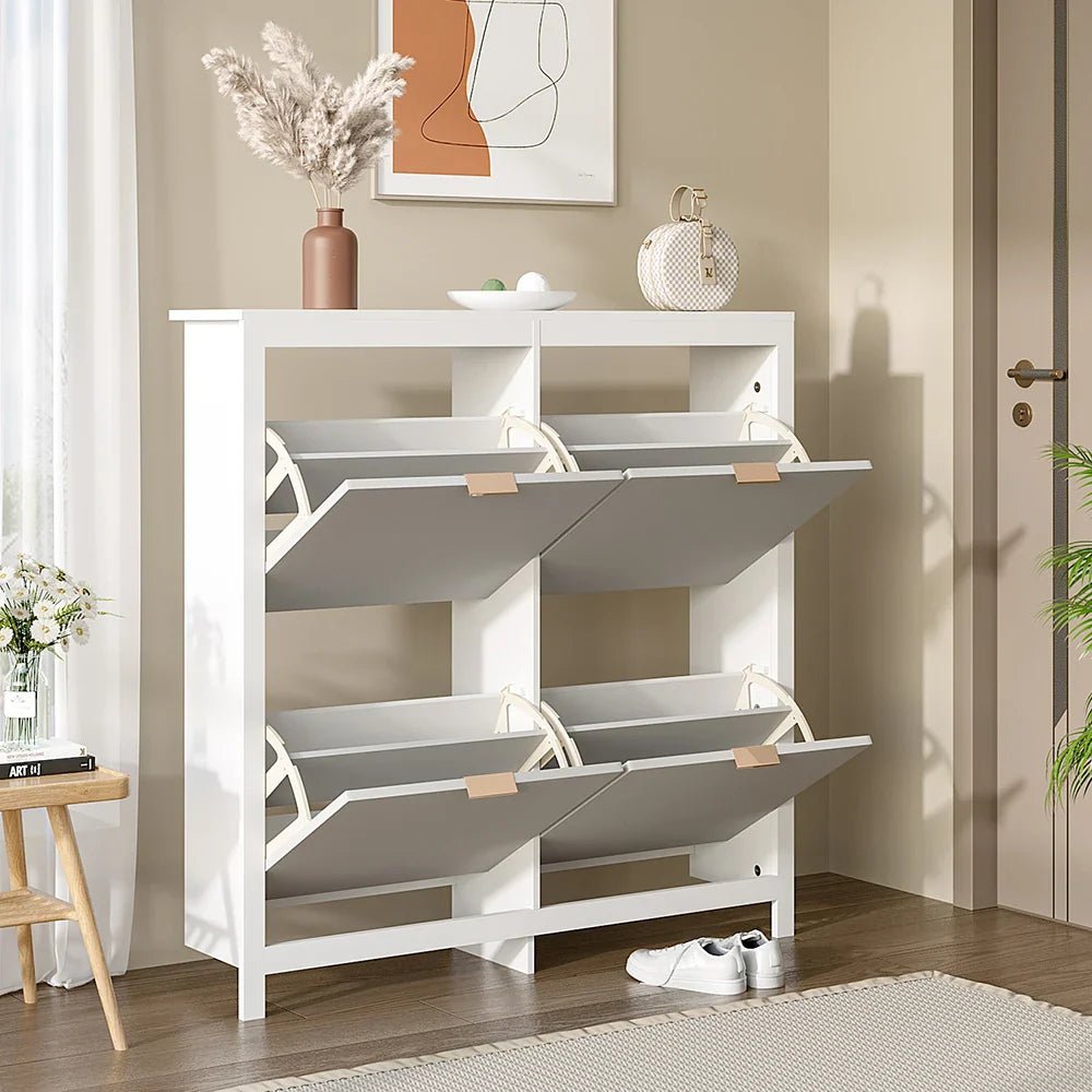 Livingandhome Flip Down Wood Shoe Cabinet in White for Hallway, Mudroom or Entryway