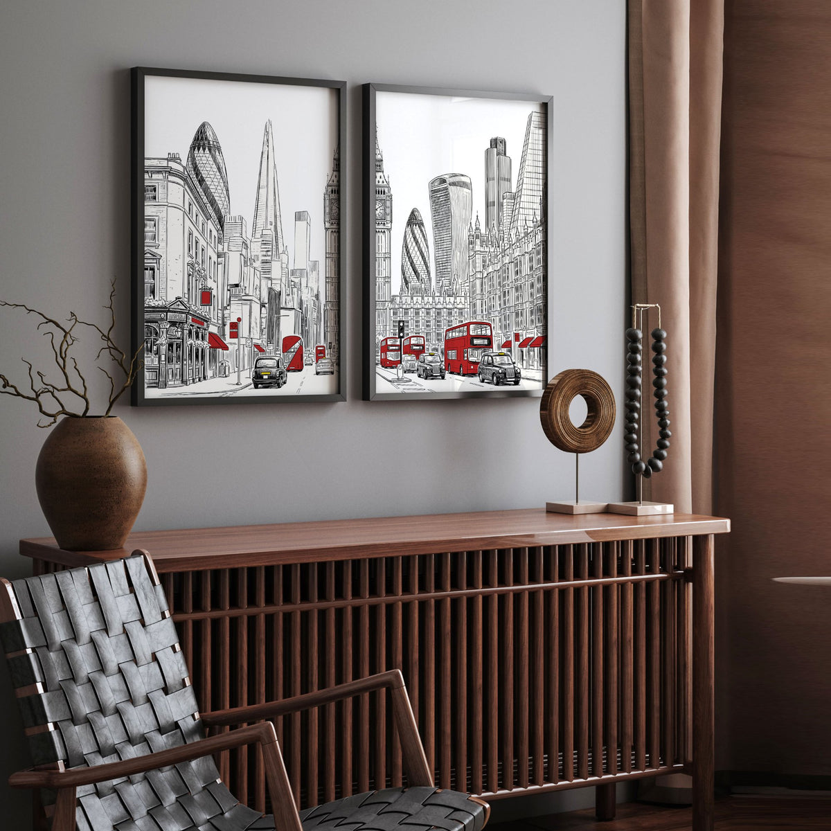 London Abstract Art | Black, White & Red City Skyline wall art displayed on a wall in a styled room