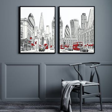 London Abstract Art | Black, White & Red City Skyline wall art displayed on a wall in a styled room — view 2