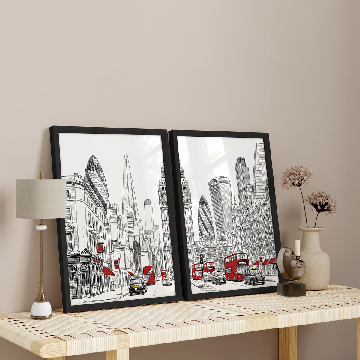 London Abstract Art | Black, White & Red City Skyline wall art displayed on a wall in a styled room — view 3