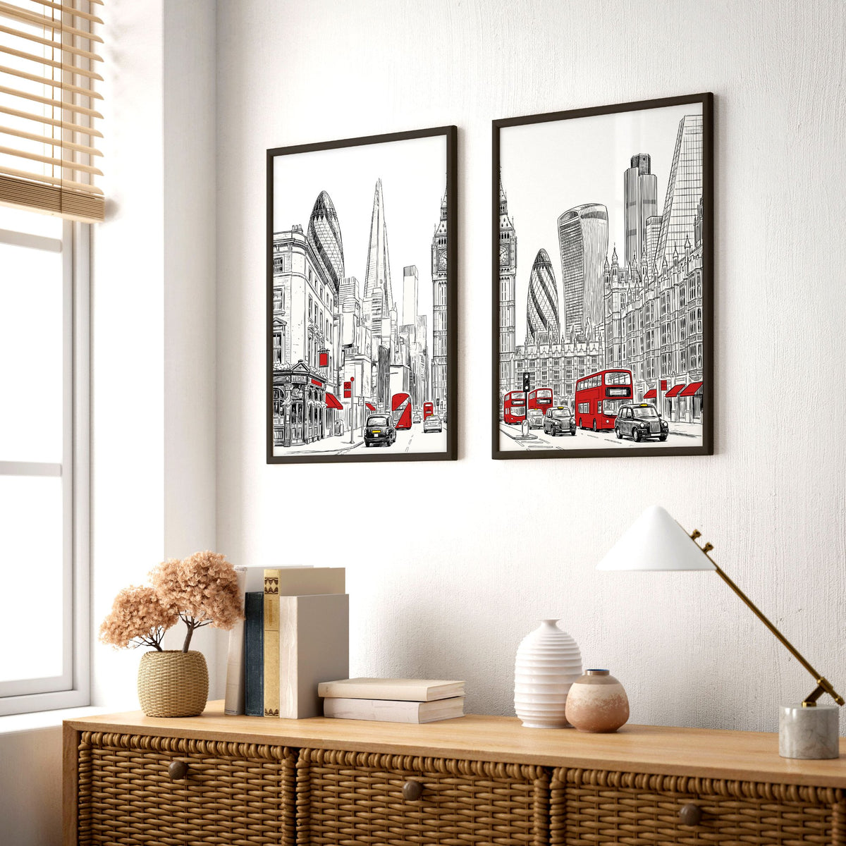 London Abstract Art | Black, White & Red City Skyline wall art displayed on a wall in a styled room — view 4