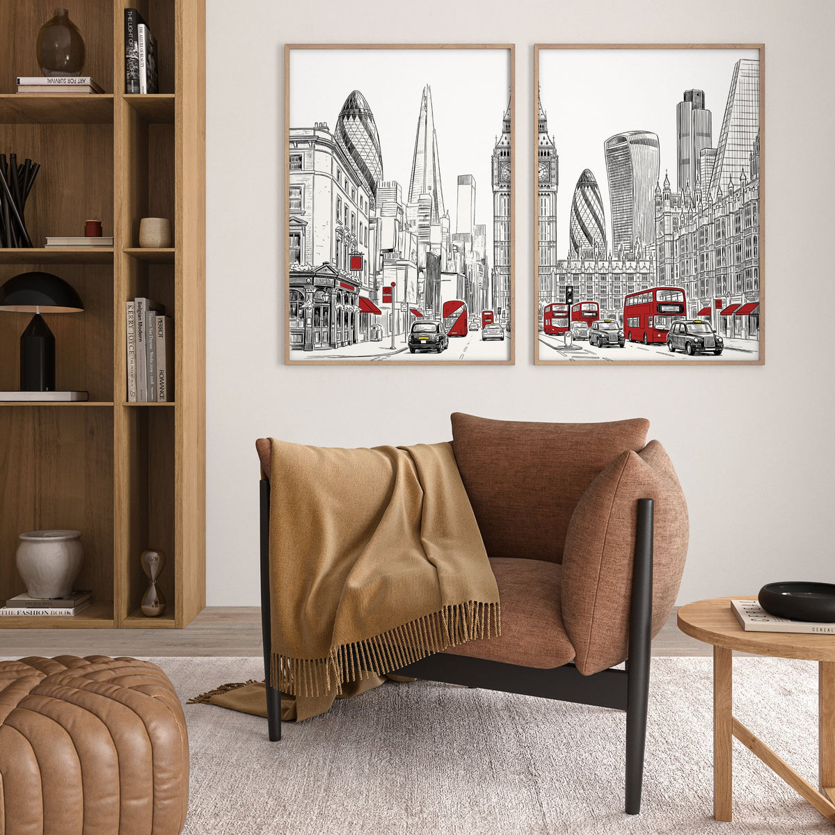 London Abstract Art | Black, White & Red City Skyline wall art displayed on a wall in a styled room — view 5