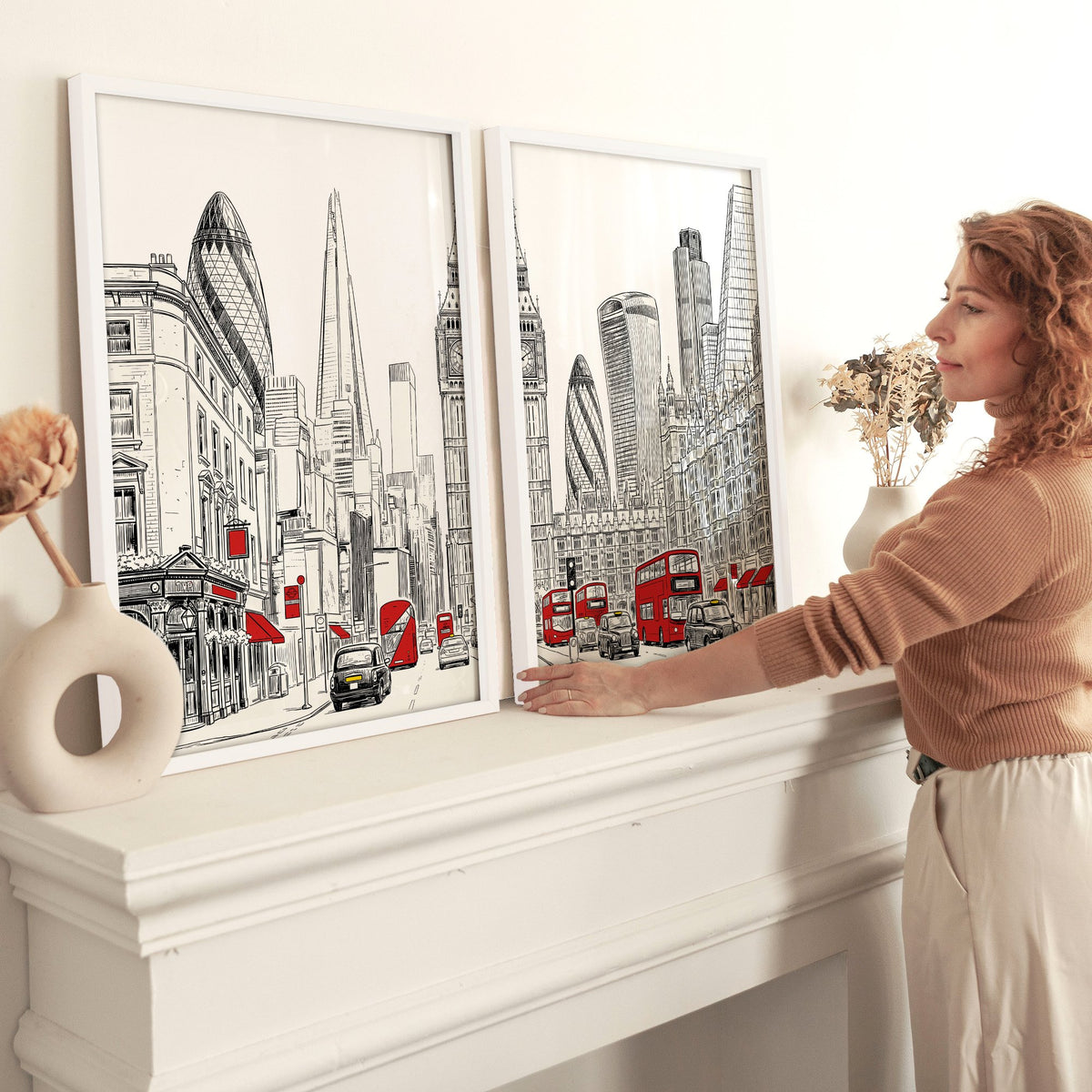 London Abstract Art | Black, White & Red City Skyline wall art displayed on a wall in a styled room — view 6
