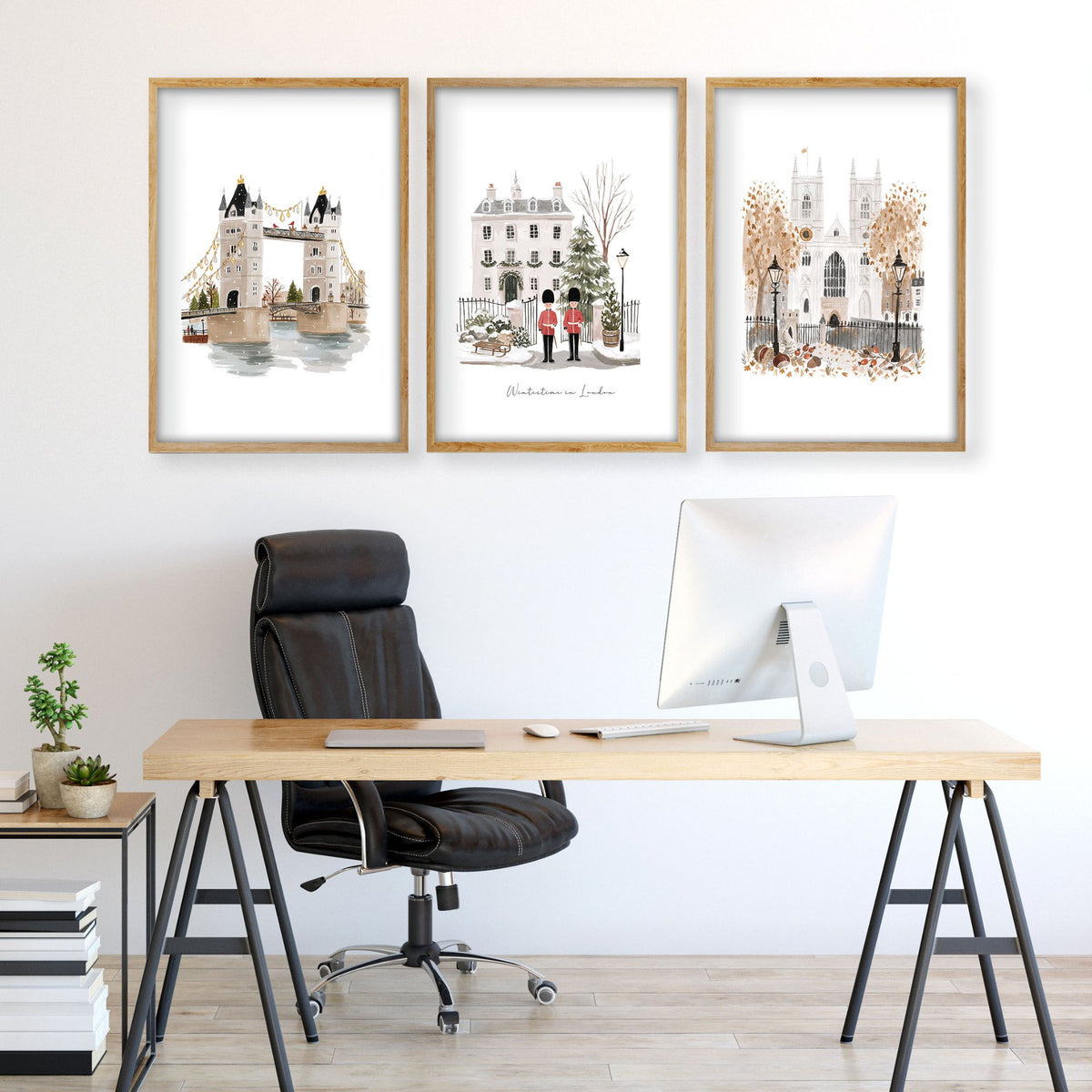 London Art "Wintertime in London" Travel wall art displayed on a wall in a styled room — view 2
