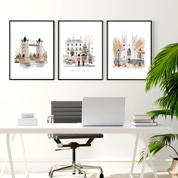 London Art "Wintertime in London" Travel wall art displayed on a wall in a styled room — view 3