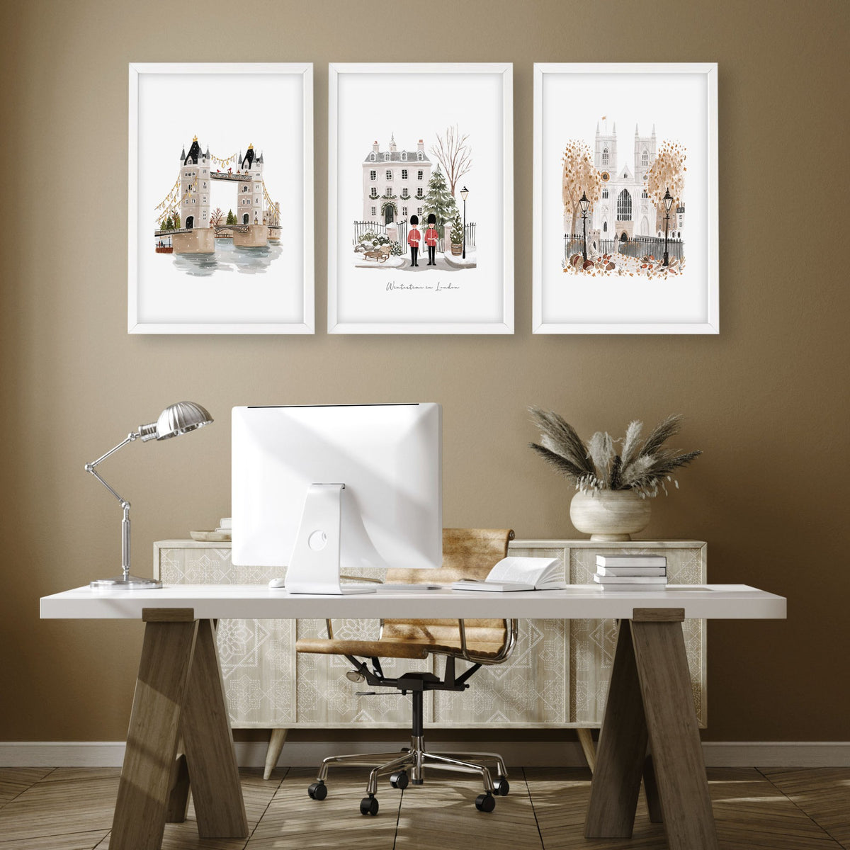 London Art "Wintertime in London" Travel wall art displayed on a wall in a styled room — view 4