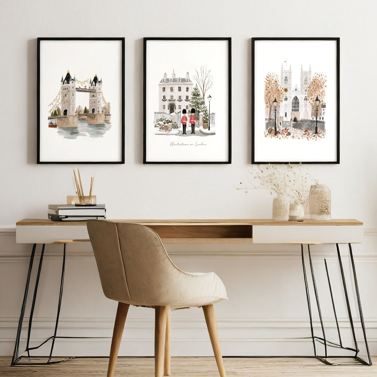 London Art "Wintertime in London" Travel wall art displayed on a wall in a styled room — view 5