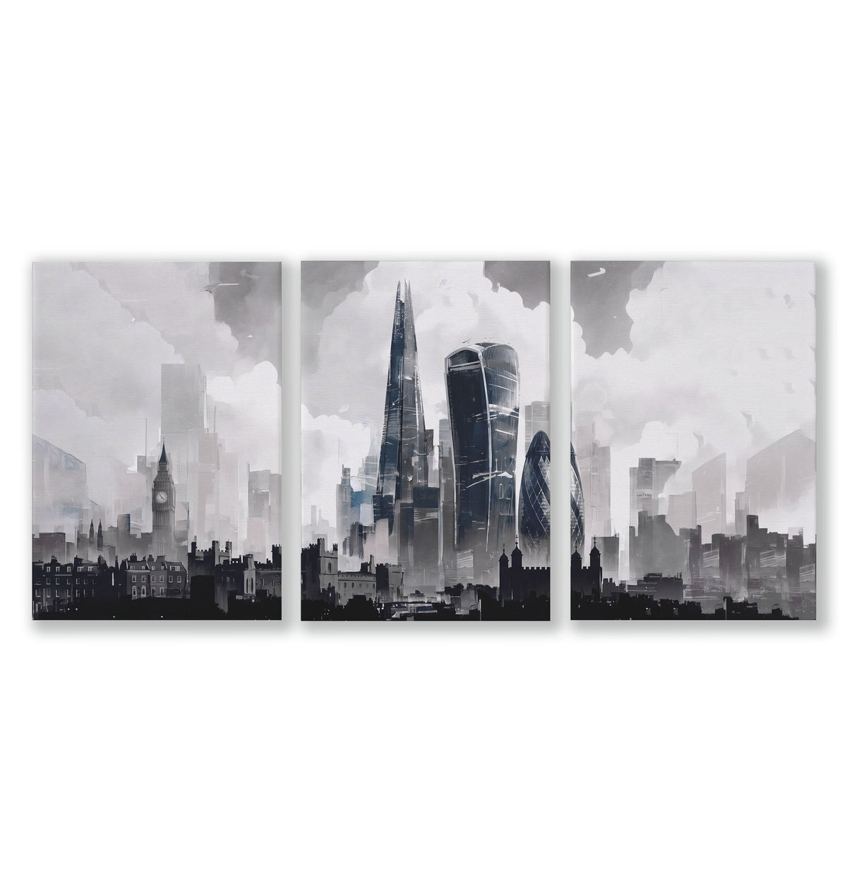 London Artwork City Skyline Monochrome Watercolour wall art as a wrapped canvas