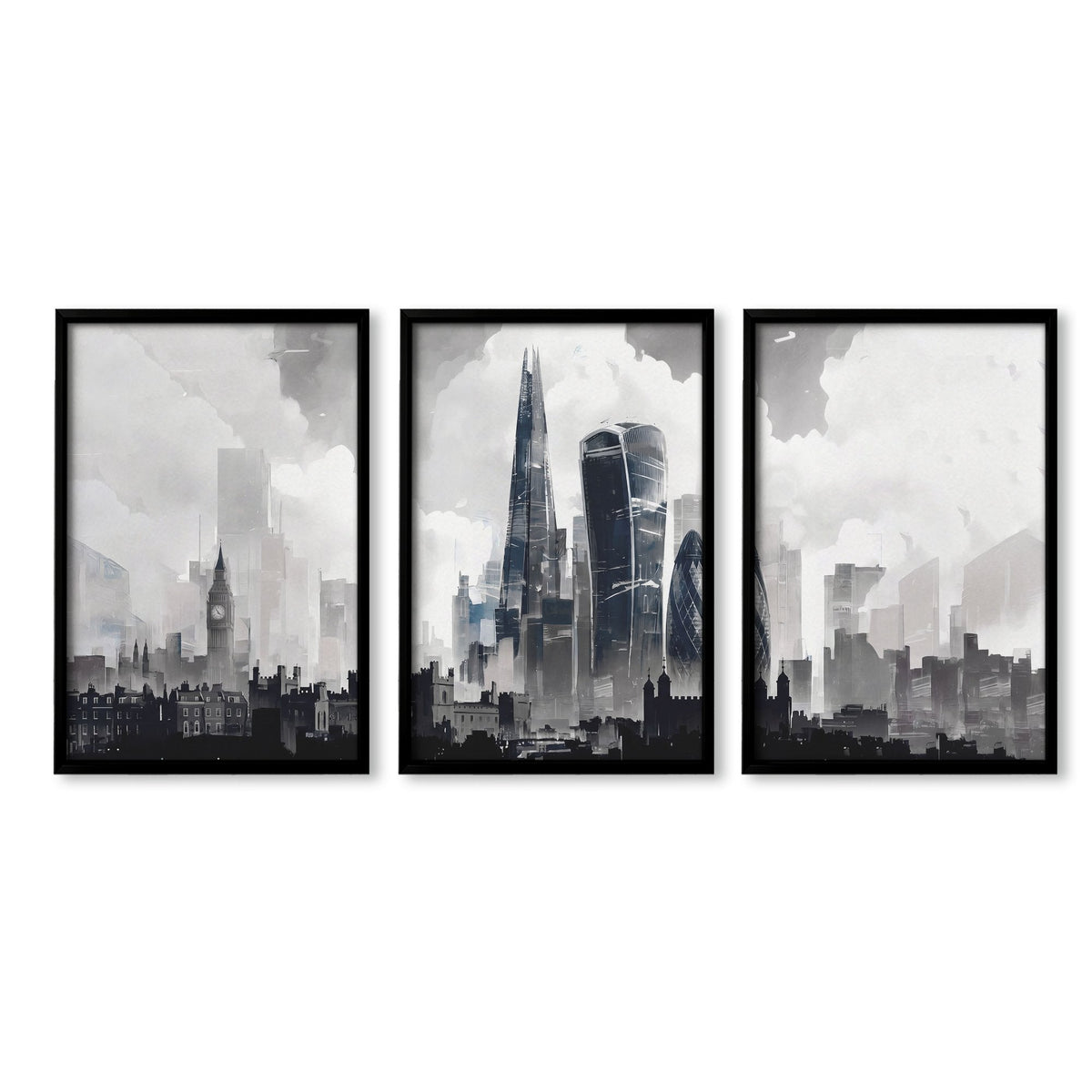 London Artwork City Skyline Monochrome Watercolour Wall Art Prints | Set of 3
