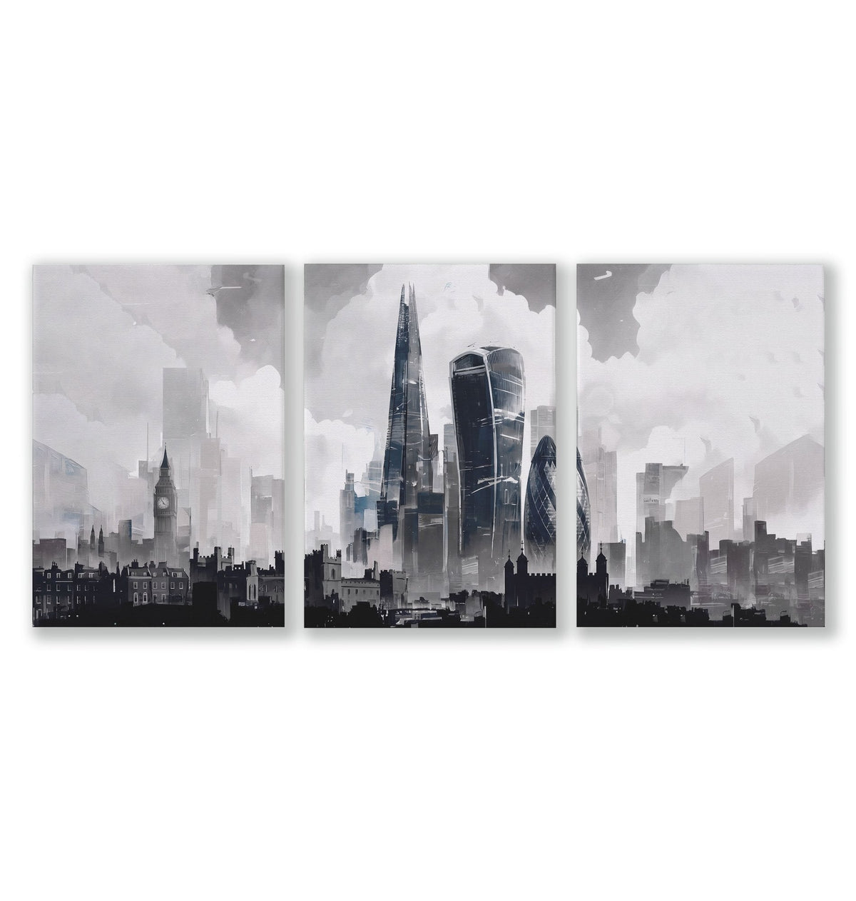 London Artwork City Skyline Monochrome Watercolour Wall Art Prints | Set of 3