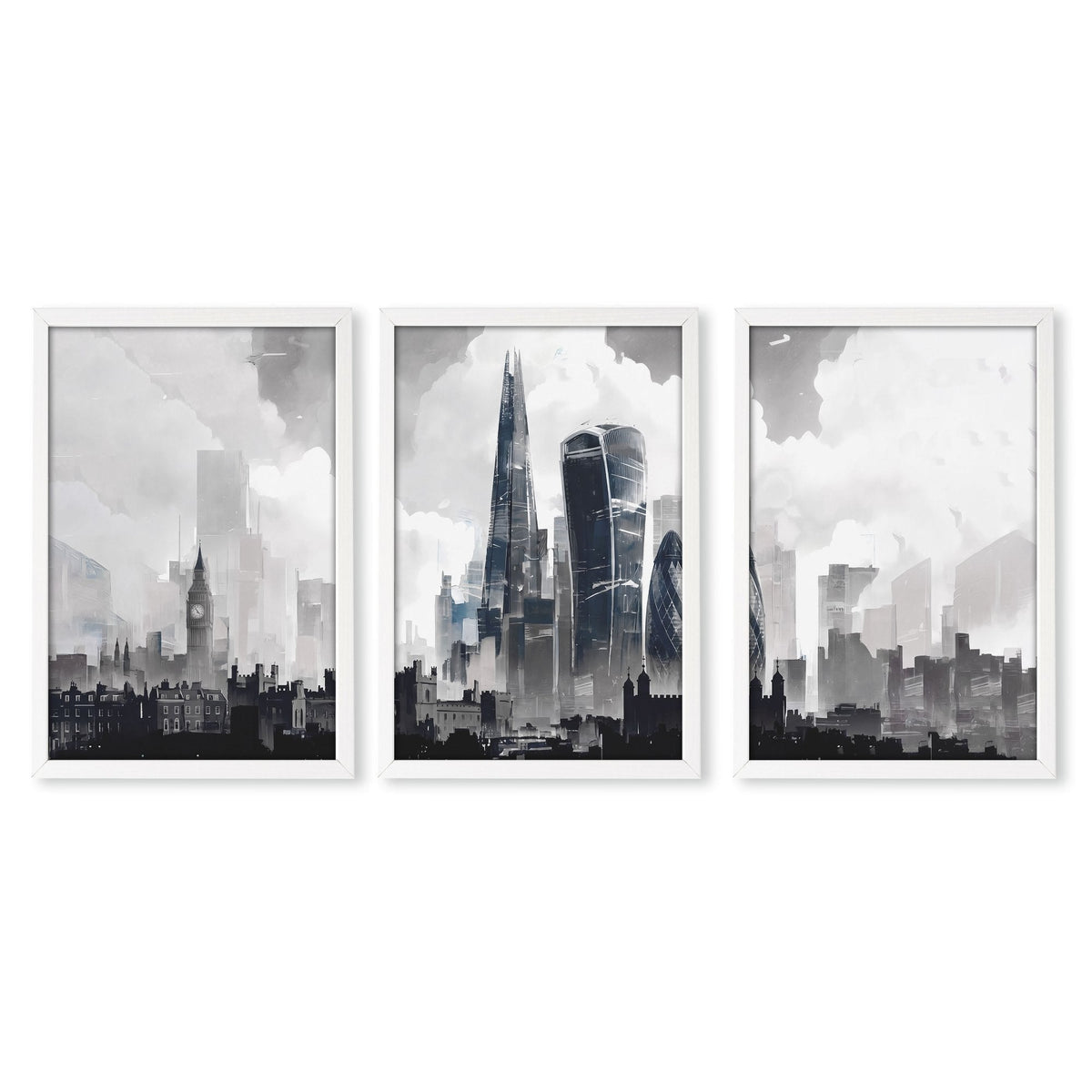 London Artwork City Skyline Monochrome Watercolour Wall Art Prints | Set of 3